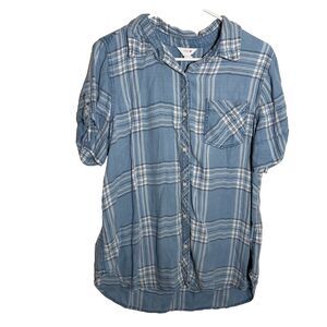 Intro Blouse Women's Medium Blue Plaid Button Up Short Sleeve Casual Pocket Top
